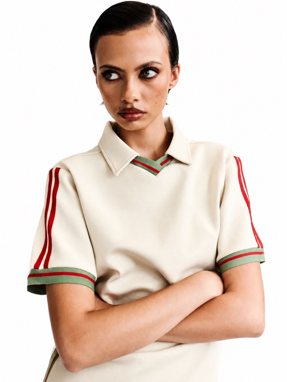 With Jéan Cream Knit Polo Top Red Green Contrast Trim Tenniscore Small EUC!
